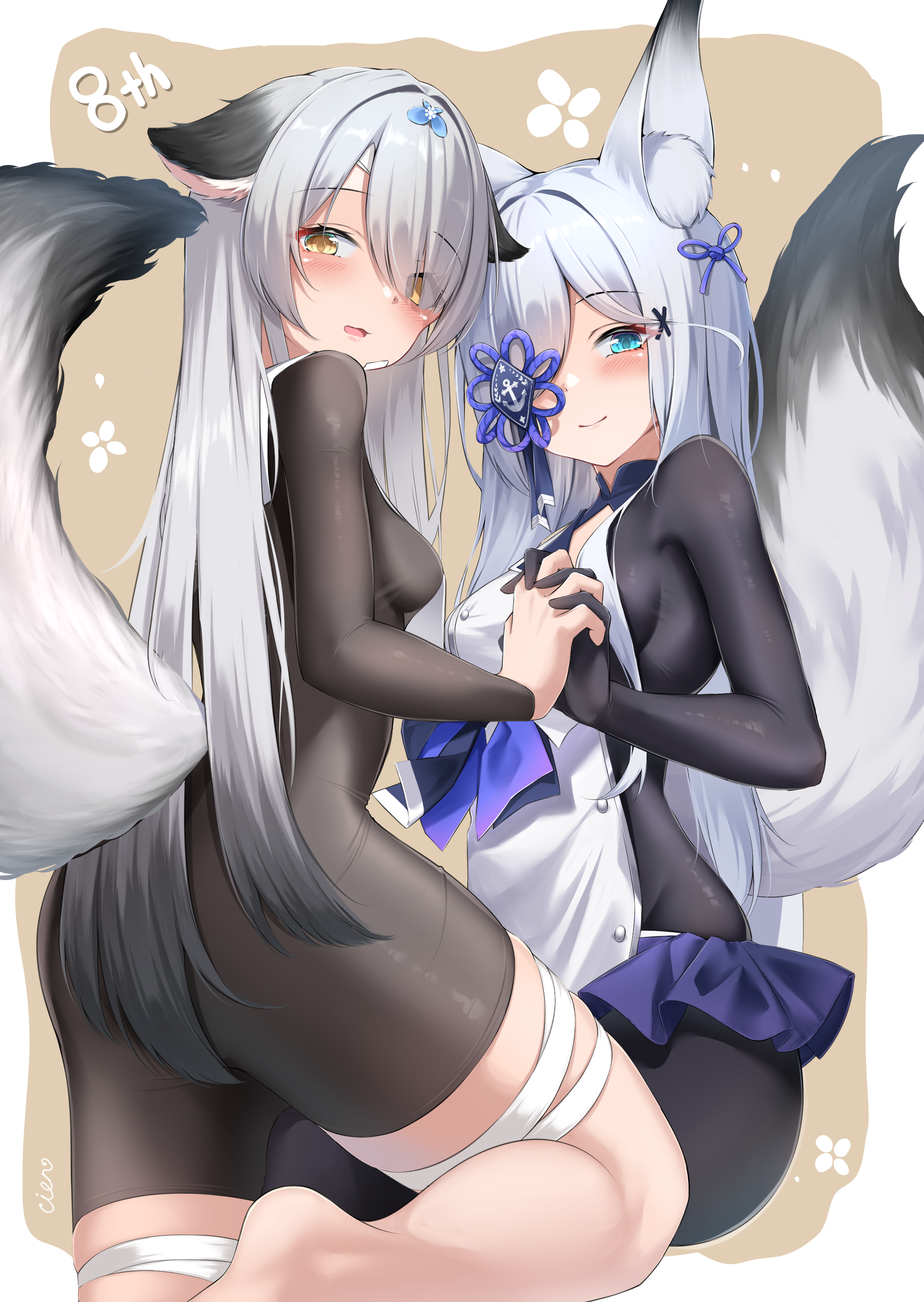 cien (shikanokuni), kasumi (azur lane), miyuki (azur lane), azur lane, absurdres, commentary request, highres, 2girls, animal ear fluff, animal ears, bandaged leg, bandages, black bodysuit, blue eyes, blush, bodysuit, breasts, closed mouth, flower knot, fox ears, fox girl, fox tail, hair ornament, hair over one eye, holding hands, interlocked fingers, long hair, looking at viewer, medium breasts, multiple girls, one eye covered, parted lips, small breasts, standing, tail, very long hair, white hair, x hair ornament, yellow eyes
