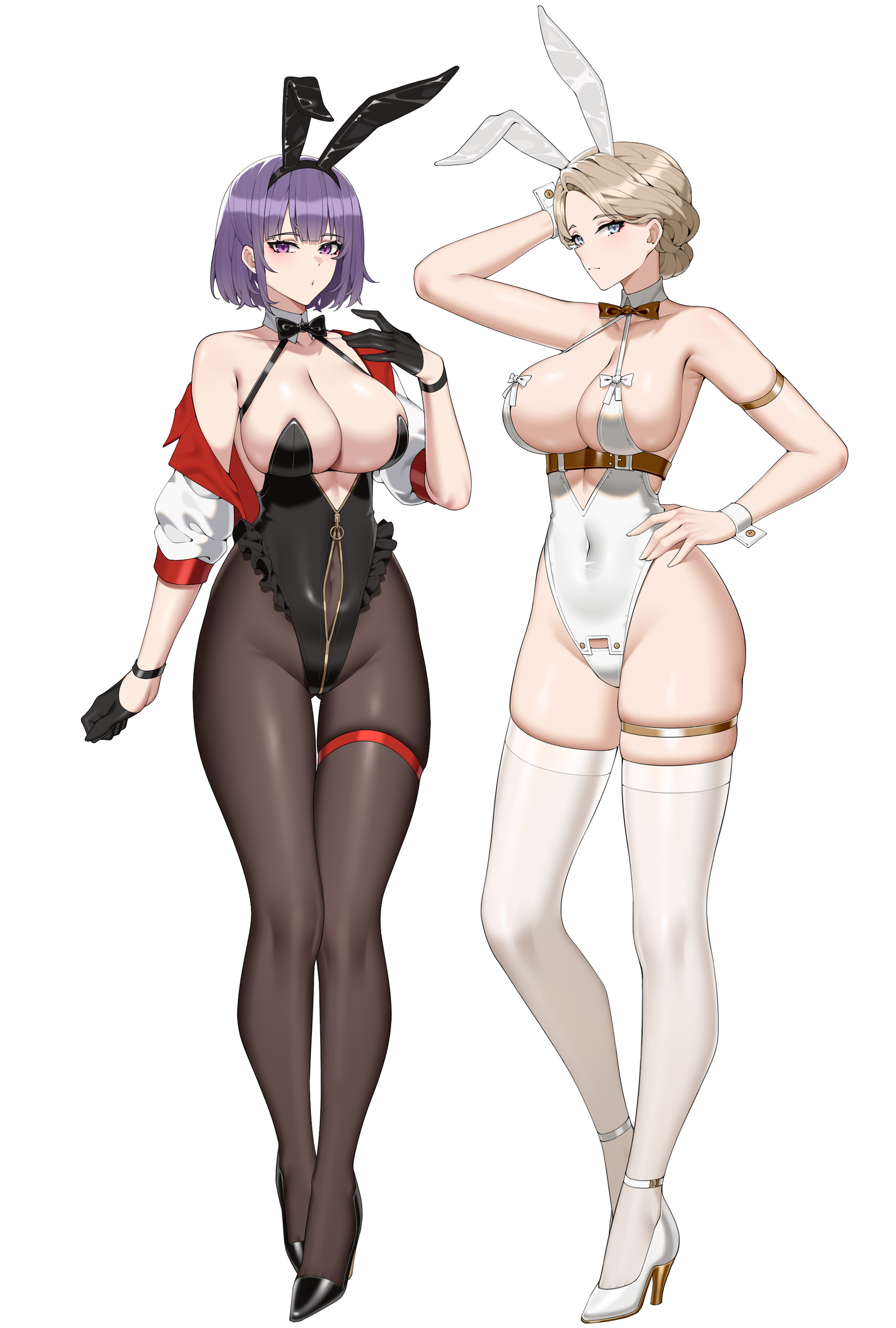 wsfw, original, absurdres, highres, 2girls, alternate costume, animal ears, ankle strap, arm strap, arm up, bare shoulders, belt, black bow, black bowtie, black gloves, black hairband, black leotard, black pantyhose, blonde hair, blue eyes, blush, bob cut, bow, bowtie, breasts, brown pantyhose, cleavage, closed mouth, collar, collarbone, covered navel, cropped jacket, detached collar, earrings, fake animal ears, frills, gloves, gluteal fold, groin, hairband, half gloves, halterneck, hand on own hip, hand up, high heels, highleg, highleg leotard, jacket, jewelry, large breasts, leotard, looking at viewer, multiple girls, navel, off shoulder, open clothes, open jacket, pantyhose, parted bangs, playboy bunny, purple eyes, purple hair, rabbit ears, shoes, short hair, sideboob, skindentation, standing, strapless, strapless leotard, thigh gap, thigh strap, thighhighs, thighlet, thighs, white bow, white bowtie, white collar, white jacket, white leotard, white thighhighs, wrist cuffs, zipper, zipper pull tab
