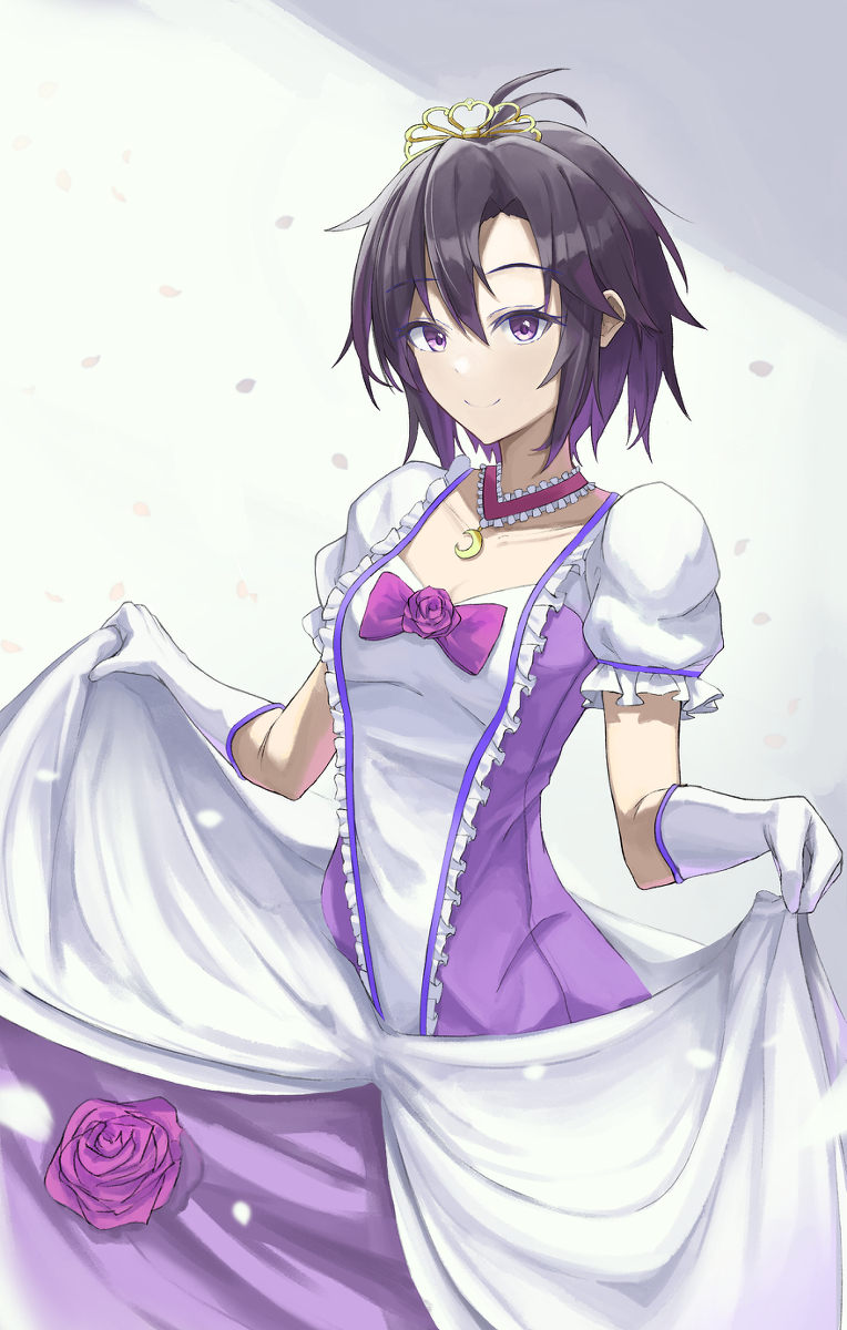 sloan (shakabrah), kikuchi makoto, idolmaster, idolmaster (classic), bad id, bad pixiv id, highres, 1girl, antenna hair, black hair, bow, breasts, closed mouth, crescent choker, dress, flower, gloves, looking at viewer, princess, puffy short sleeves, puffy sleeves, purple bow, purple eyes, purple flower, short hair, short sleeves, skirt hold, smile, solo, tiara, white gloves