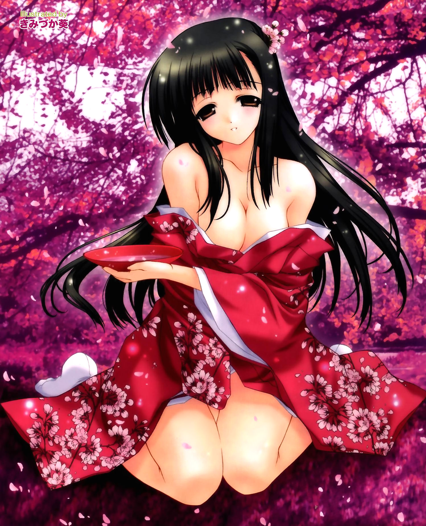 kimizuka aoi, highres, black hair, brown eyes, japanese clothes, kimono, long hair