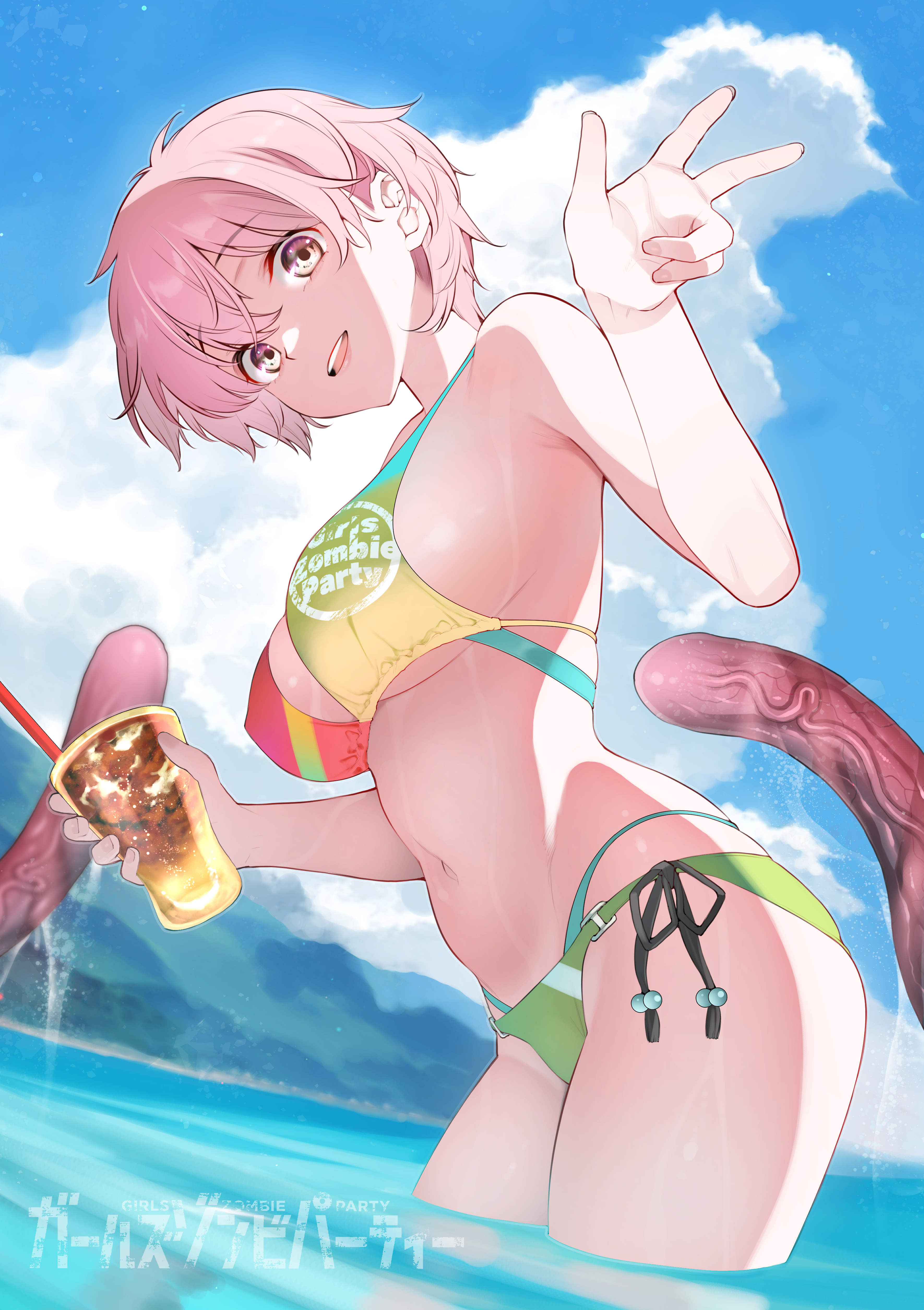 kojima takeshi, girls zombie party, absurdres, highres, 1girl, bikini, blush, breasts, cup, holding, holding cup, large breasts, looking at viewer, momoki momo, multi-strapped bikini bottom, multicolored bikini, navel, outdoors, partially submerged, pink eyes, print bikini, short hair, side-tie bikini bottom, smile, solo, swimsuit, tentacles, v, wading