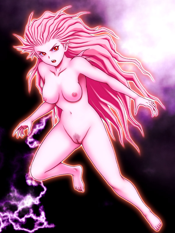 kitamura (bamboo), tina branford, trance terra branford, final fantasy, final fantasy vi, psychic, 1990s (style), 1girl, breasts, cleft of venus, colored skin, completely nude, fang, female focus, female pubic hair, long hair, monster girl, nipples, nude, pink hair, pink skin, pointy ears, pubic hair, pussy, red eyes, retro artstyle, solo, uncensored