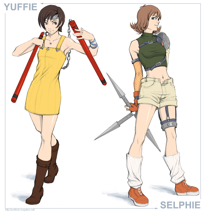 lauren nicolo, selphie tilmitt, yuffie kisaragi, final fantasy, final fantasy vii, final fantasy viii, kingdom hearts, 2girls, armor, bare shoulders, blue eyes, boots, brown eyes, brown hair, character name, cosplay, costume switch, crossover, dress, flipped hair, headband, midriff, multiple girls, nunchaku, open fly, overalls, parody, selphie tilmitt (cosplay), short hair, shorts, shuriken, skirt, sleeveless, sleeveless turtleneck, trait connection, turtleneck, unzipped, weapon, yellow overalls, yellow skirt, yuffie kisaragi (cosplay), zipper dress