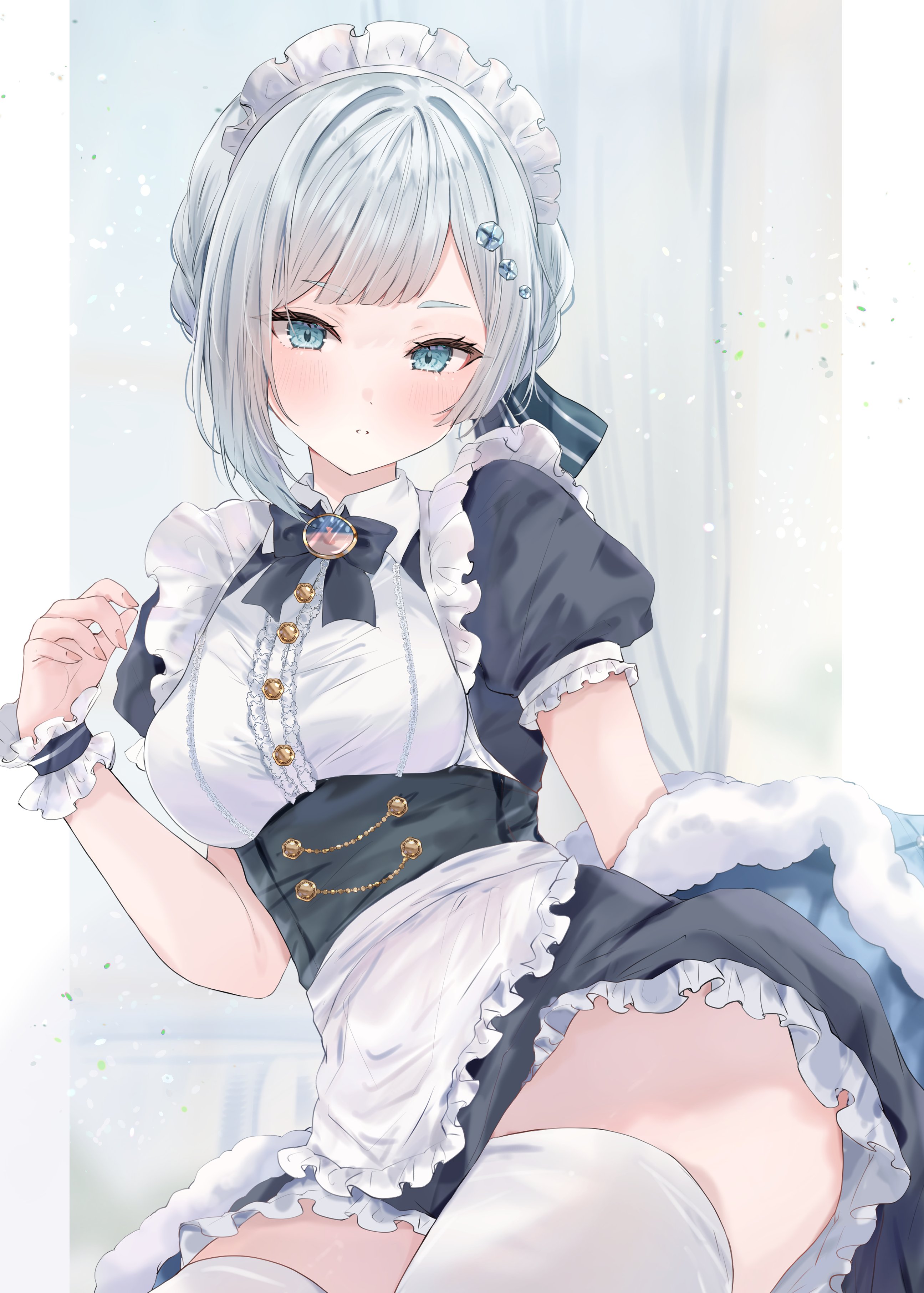 maruro, akershus fortress (oshiro project), oshiro project:re, absurdres, commentary request, commission, highres, second-party source, skeb commission, 1girl, apron, black bow, black bowtie, black dress, blue eyes, blush, bow, bowtie, braid, breasts, center frills, dress, frilled apron, frilled dress, frills, fur trim, grey hair, hair ornament, hand up, looking at viewer, maid headdress, medium breasts, parted lips, short sleeves, solo, swept bangs, thighhighs, thighs, white apron, white headdress, white thighhighs, wrist cuffs