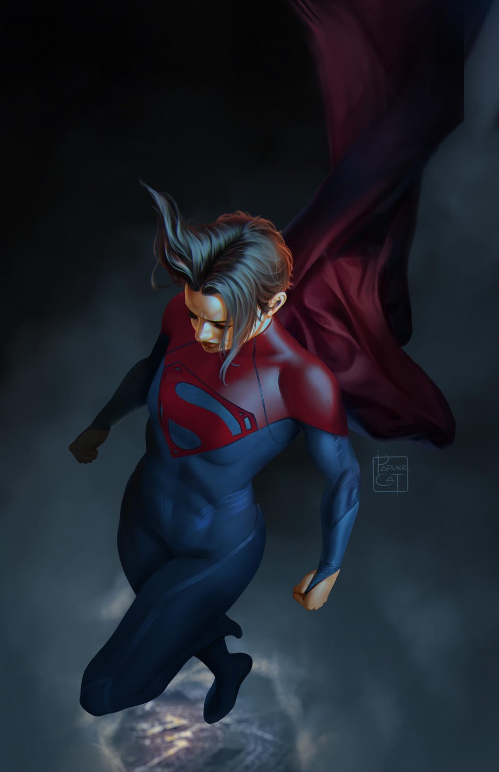 papurrcat, supergirl, dc comics, dc extended universe, superman (series), the flash (movie), highres, 1girl, artist name, black hair, blue bodysuit, bodysuit, cape, from above, red cape, sasha calle, short hair, solo