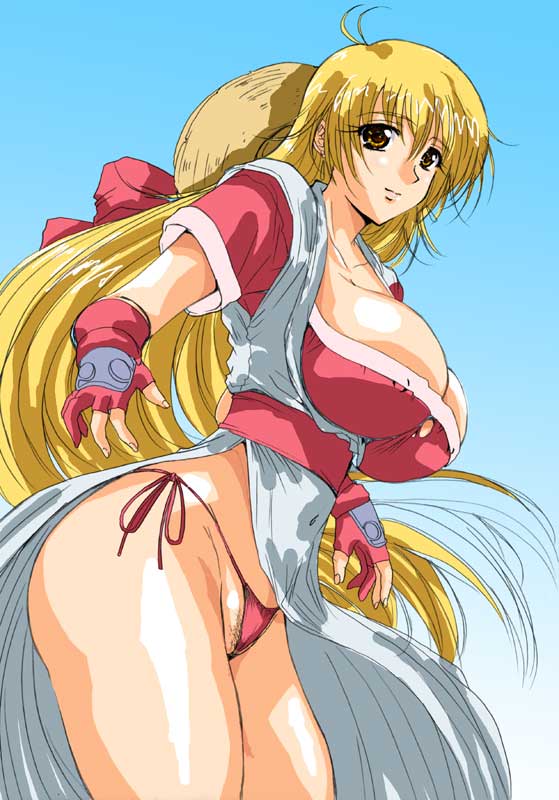 ishihara souka, tendou rushuna, grenadier (manga), 00s, 1girl, blonde hair, breasts, cleavage, female focus, female pubic hair, gloves, huge breasts, large breasts, long hair, panties, pubic hair, side-tie panties, sideboob, solo, underwear