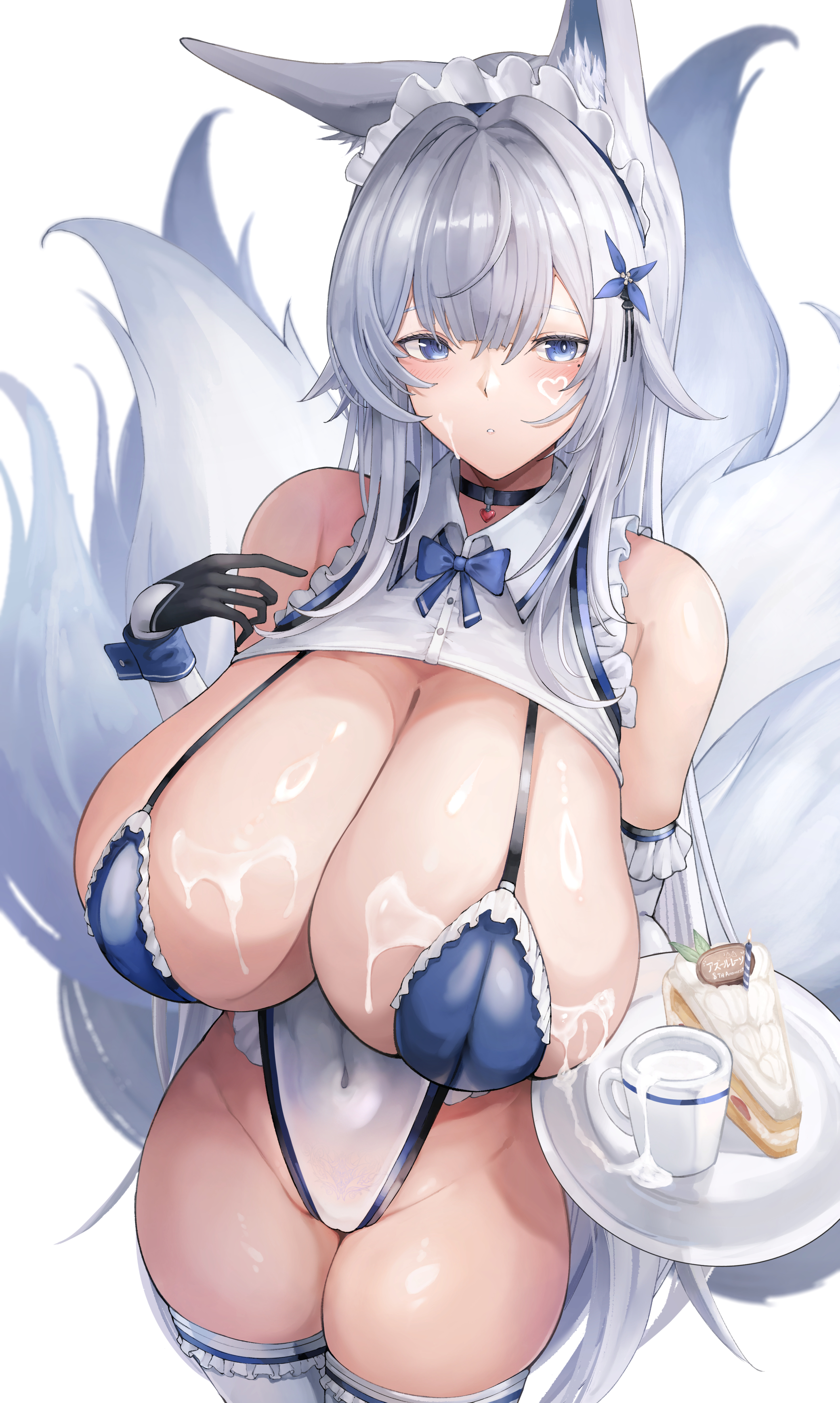 yusha m, shinano (azur lane), azur lane, absurdres, commentary, english commentary, highres, mixed-language commentary, 1girl, alternate costume, animal ears, bare shoulders, black gloves, blue eyes, blush, breasts, cake, cake slice, cleavage, covered navel, cup, food, fox ears, fox girl, gloves, highleg, highleg leotard, huge breasts, leotard, long hair, looking at viewer, maid, maid headdress, parted lips, plate, simple background, solo, thighs, white background, white leotard