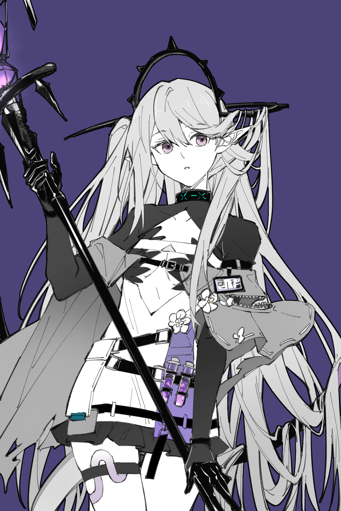 piaoliu ping ping ping pingzi, indigo (arknights), infection monitor (arknights), arknights, chinese commentary, commentary request, highres, 1girl, cowboy shot, gloves, hair between eyes, headgear, holding, long hair, parted lips, partially colored, pointy ears, purple background, purple eyes, simple background, solo, standing, strap, thigh strap, very long hair, zipper