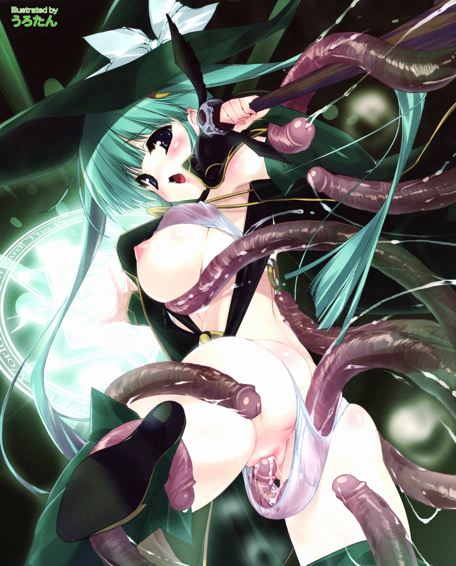 urotan, highres, 1girl, blush, breasts, cum, green eyes, green hair, hat, large breasts, long hair, panties, penis tentacle, solo focus, tentacle sex, tentacles, tentacles under clothes, twintails, uncensored, underwear, vaginal, witch, witch hat