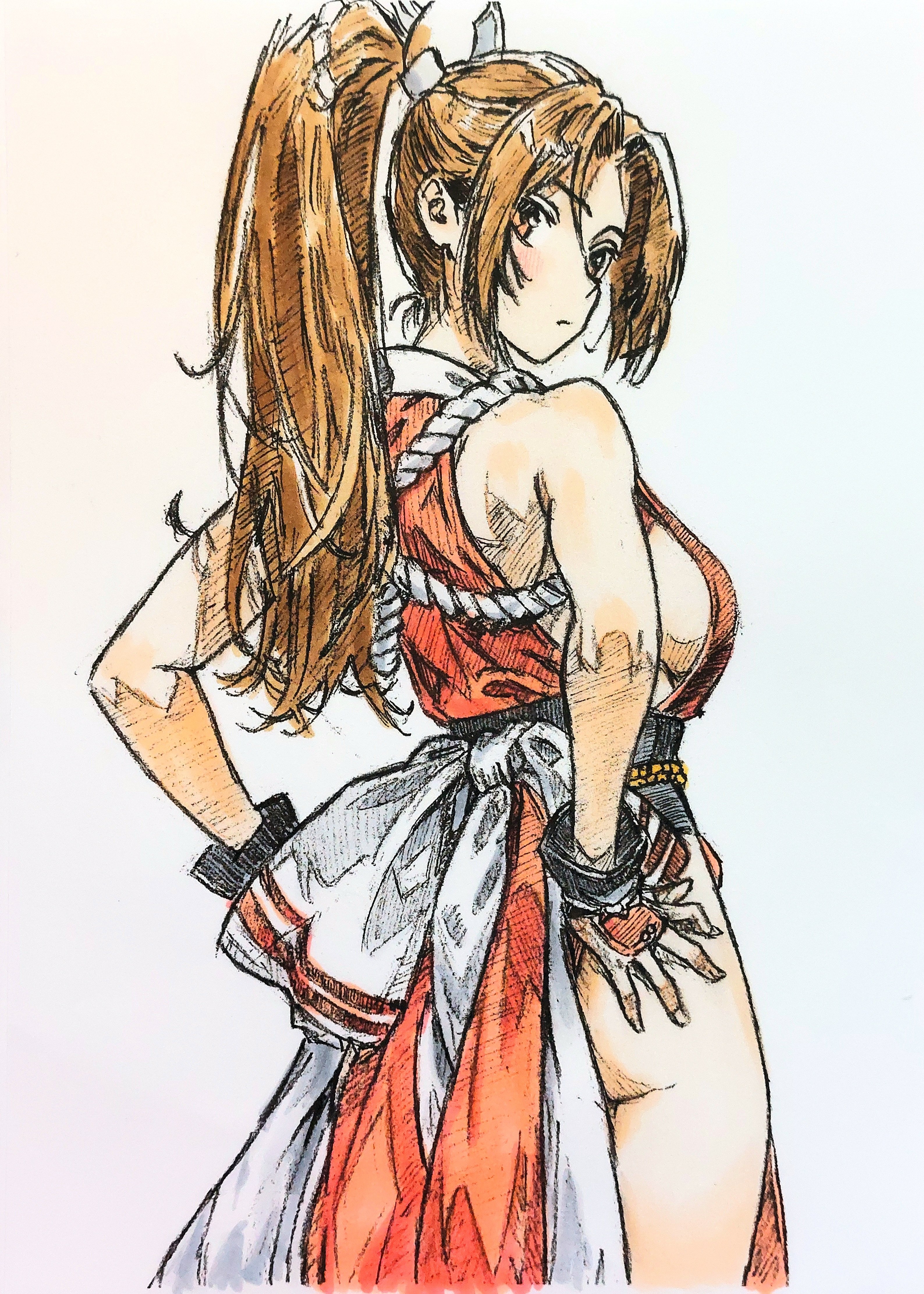 i4teruz, shiranui mai, street fighter, the king of fighters, absurdres, colored pencil (medium), commentary, highres, traditional media, 1girl, ass, breasts, brown eyes, brown hair, dress, from behind, hands on own hips, high ponytail, looking at viewer, looking back, motoyui, ponytail, red dress, revealing clothes, side slit, sideboob, solo