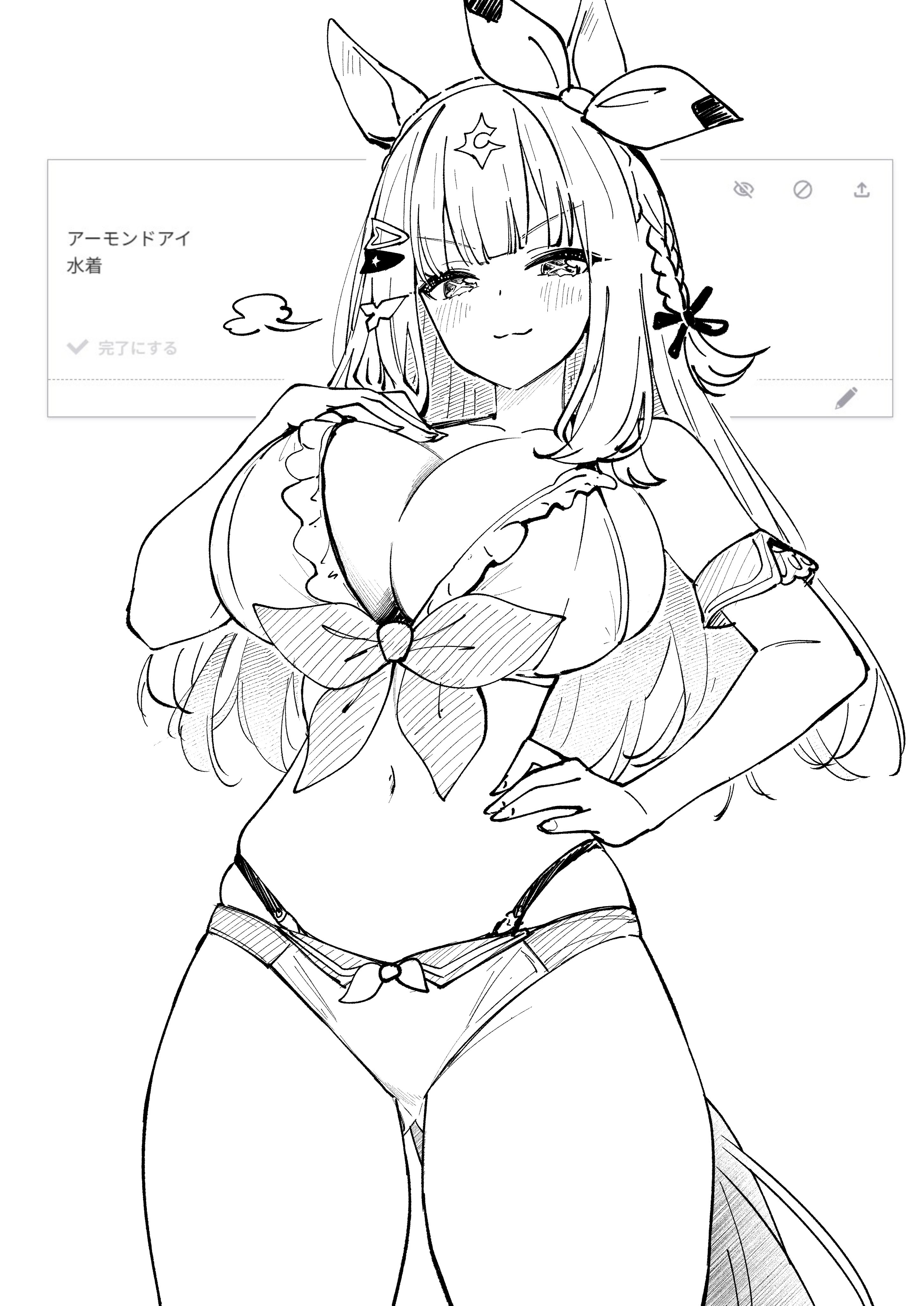 herohero (higashi no dou), almond eye (umamusume), umamusume, absurdres, commentary request, highres, 1girl, :3, animal ears, bare shoulders, bikini, blush, bow hairband, breasts, cleavage, closed mouth, cowboy shot, greyscale, hairband, hand on own hip, horse ears, horse girl, horse tail, large breasts, long hair, looking at viewer, monochrome, multi-strapped bikini bottom, request inset, simple background, sketch, skindentation, smile, solo, swimsuit, tail, thighs, v-shaped eyebrows, white background