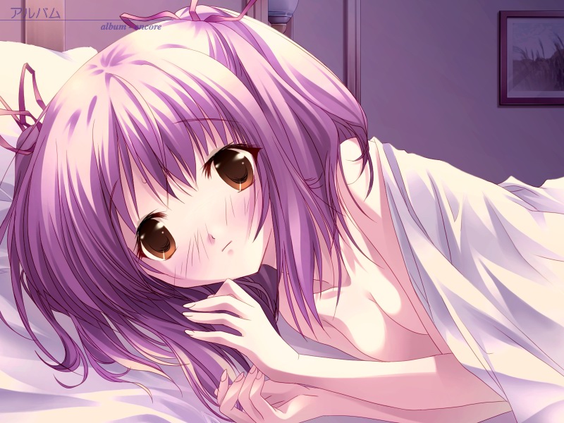 ueda ryou, menum, sorairo no organ, game cg, 1girl, bare shoulders, blush, breasts, brown eyes, female focus, medium breasts, purple hair, solo