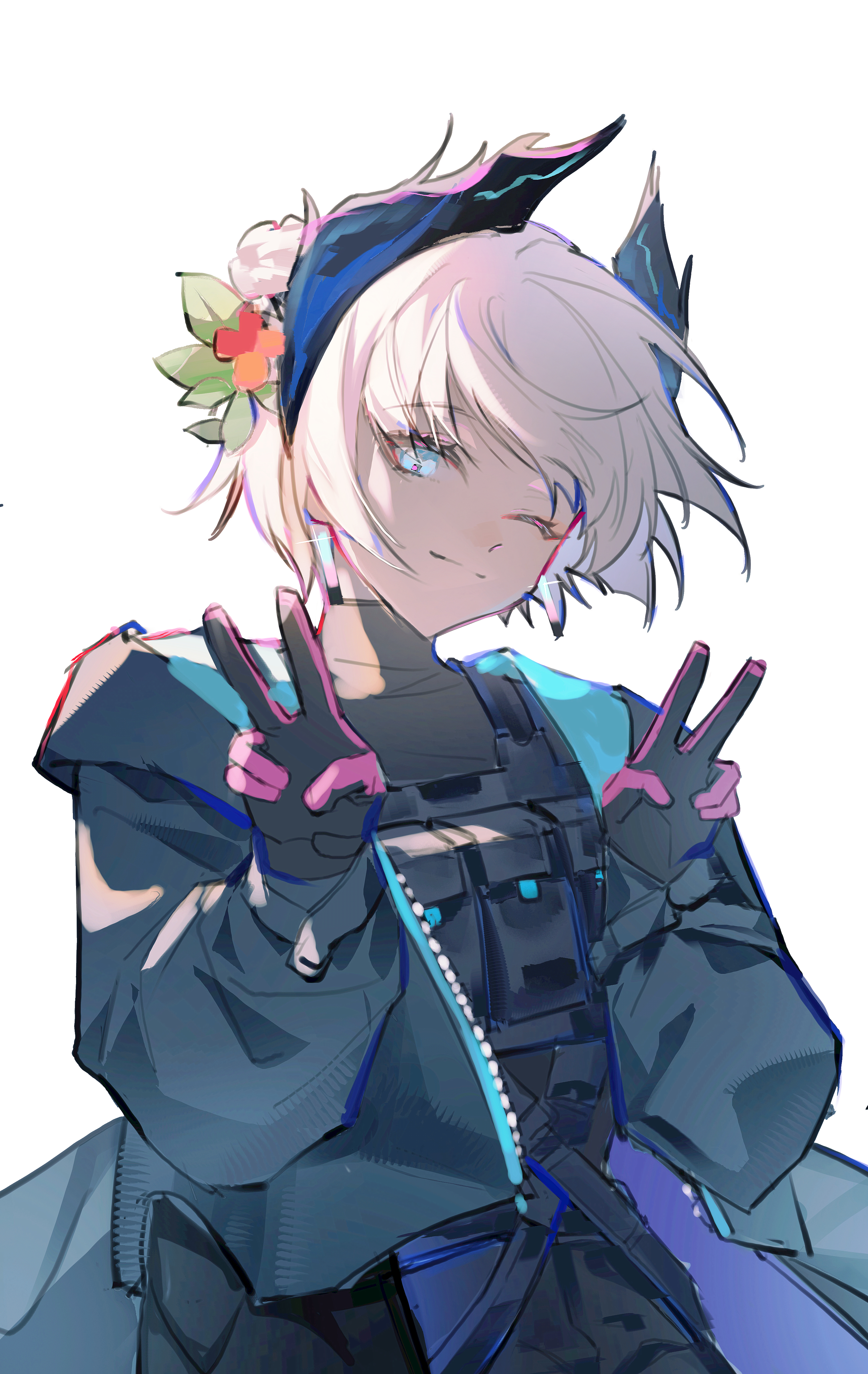 karakara (974070547), raidian (arknights), arknights, absurdres, highres, 1girl, black gloves, black jacket, black shirt, bulletproof vest, closed mouth, double v, flower, gloves, hair flower, hair ornament, head wings, jacket, looking at viewer, one eye closed, red flower, shirt, short hair, smile, solo, turtleneck, turtleneck shirt, v, white flower, white hair, wings