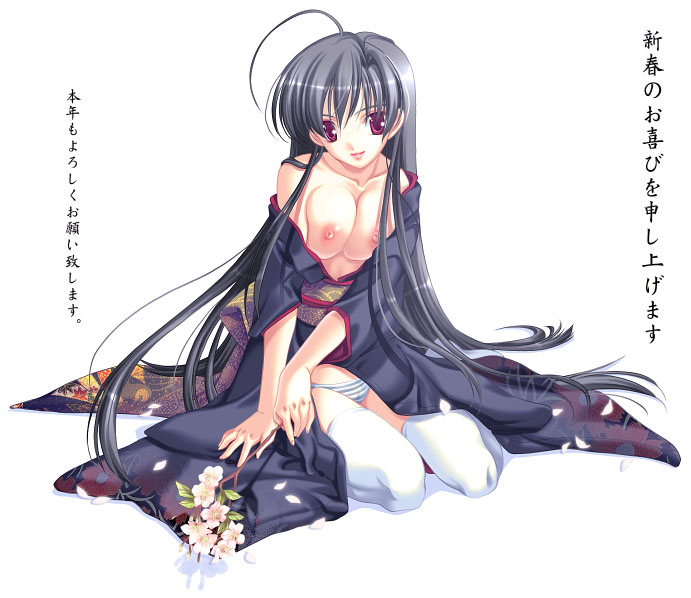 1girl, bare shoulders, breasts, female focus, japanese clothes, kimono, large breasts, long hair, nipples, panties, red eyes, solo, striped clothes, striped panties, thighhighs, underwear