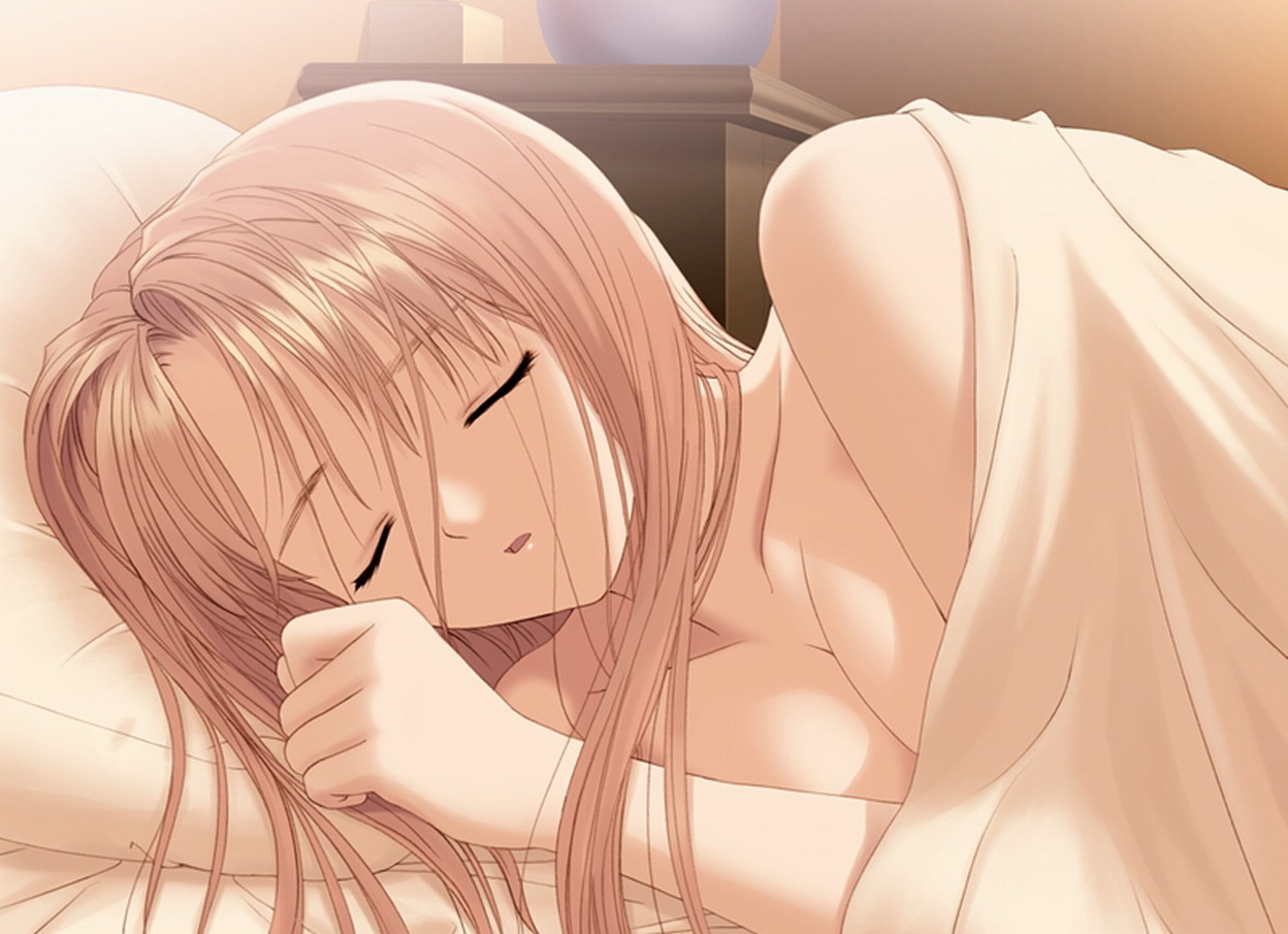 tony taka, shiomiya kanami, after (game), game cg, 00s, 1girl, bare shoulders, blonde hair, breasts, female focus, head on pillow, long hair, pillow, sleeping, solo