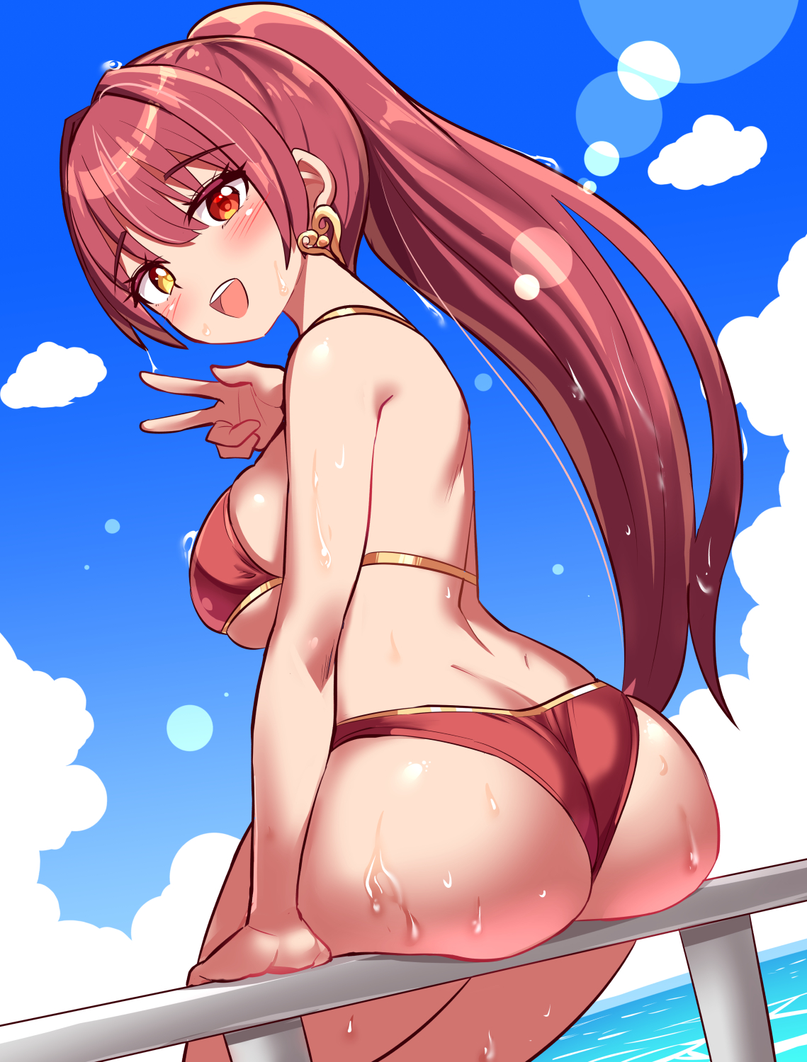 cougar (cougar1404), houshou marine, houshou marine (summer), hololive, commentary request, highres, 1girl, :d, ass, back, bikini, blue sky, breasts, cloud, day, earrings, from behind, gold earrings, heart, heart earrings, heterochromia, high ponytail, jewelry, large breasts, looking at viewer, looking back, on railing, open mouth, outdoors, ponytail, railing, red bikini, red eyes, red hair, sideboob, sitting, sky, smile, solo, swimsuit, v, virtual youtuber, water, yellow eyes