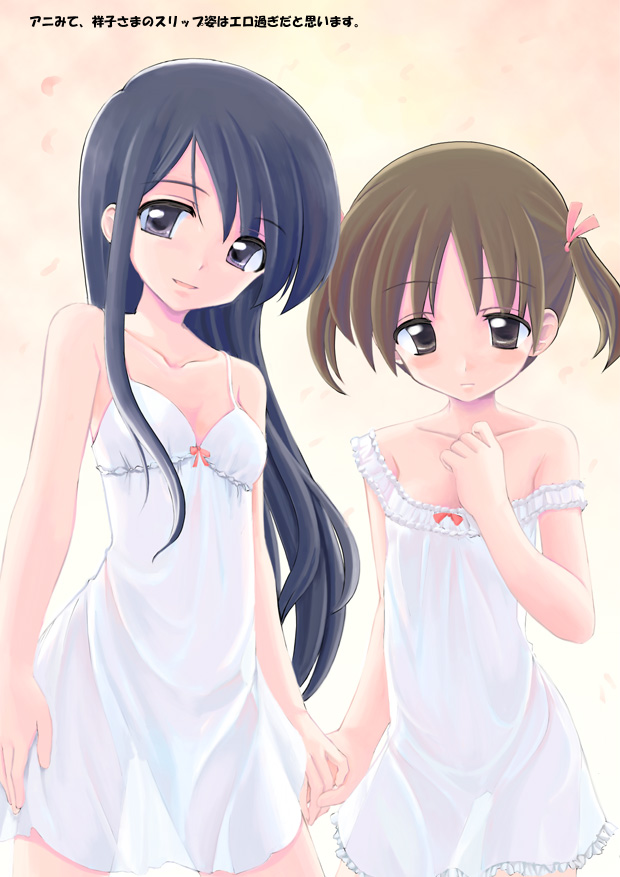 fukuzawa yumi, ogasawara sachiko, maria-sama ga miteru, 00s, 2girls, bare shoulders, blue hair, blush, brown hair, camisole, loli, long hair, multiple girls, see-through clothes, twintails