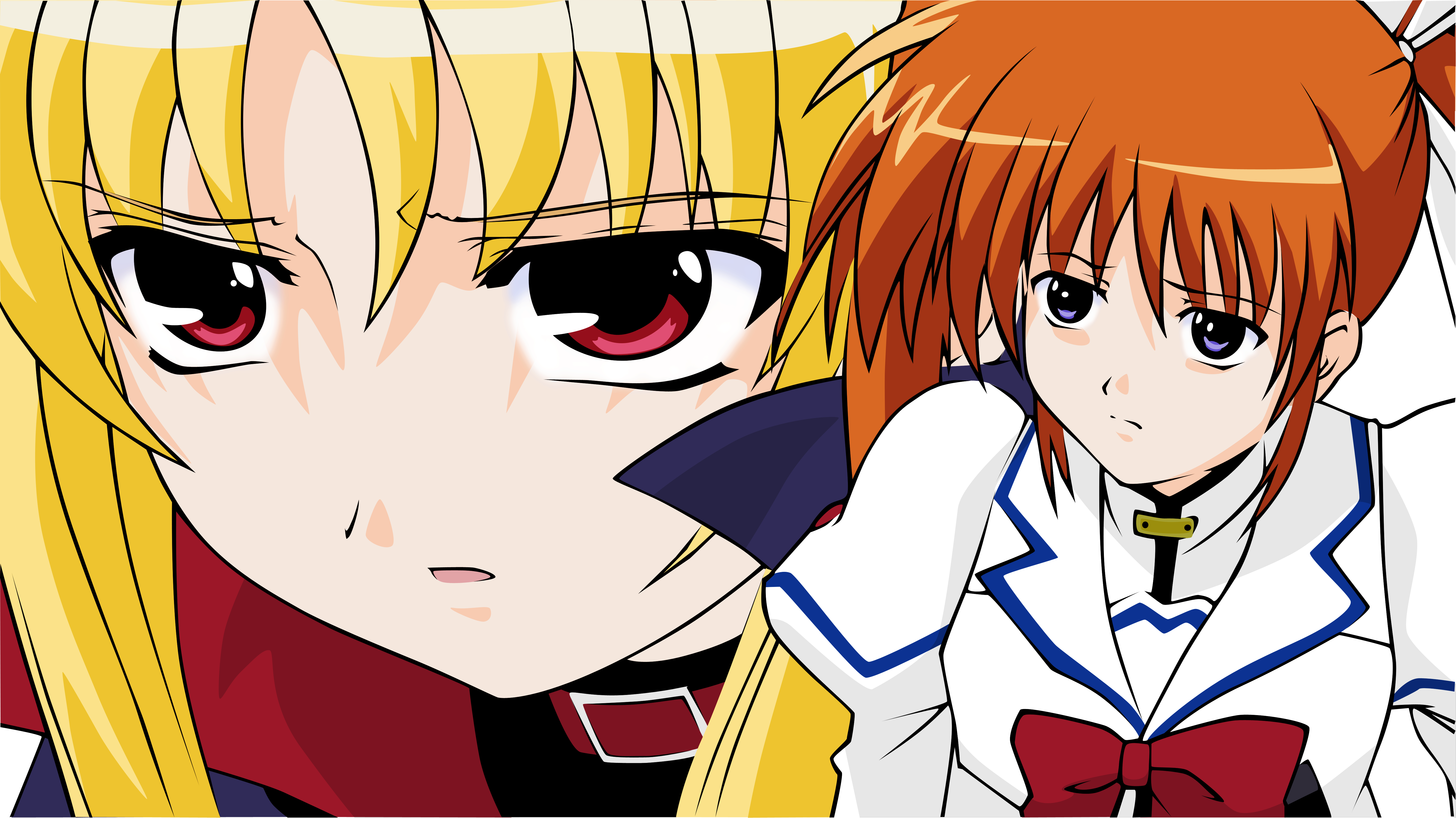 fate testarossa, takamachi nanoha, takamachi nanoha (aggressor mode), lyrical nanoha, mahou shoujo lyrical nanoha, mahou shoujo lyrical nanoha strikers, uniform, absurdres, highres, 00s, 2girls, blonde hair, bow, bowtie, brown hair, cape, close-up, dress, long sleeves, magical girl, multiple girls, red bow, red bowtie, red eyes, short hair, simple background, transparent background, twintails, upper body, white background, white dress