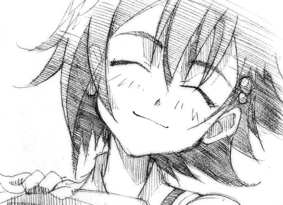 gofu, isurugi noe, true tears, traditional media, 00s, 1girl, closed eyes, greyscale, hair ornament, monochrome, short hair, sketch, smile
