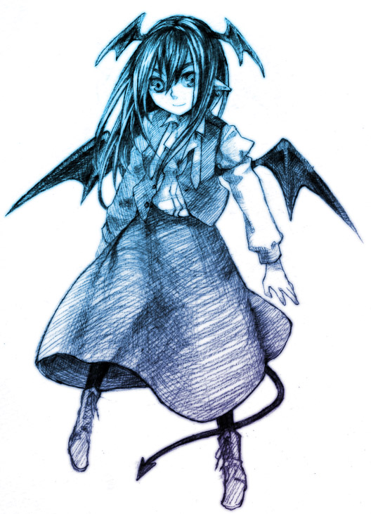 takishima asaka, koakuma, embodiment of scarlet devil, touhou, traditional media, 1girl, blue theme, female focus, head wings, monochrome, solo, wings