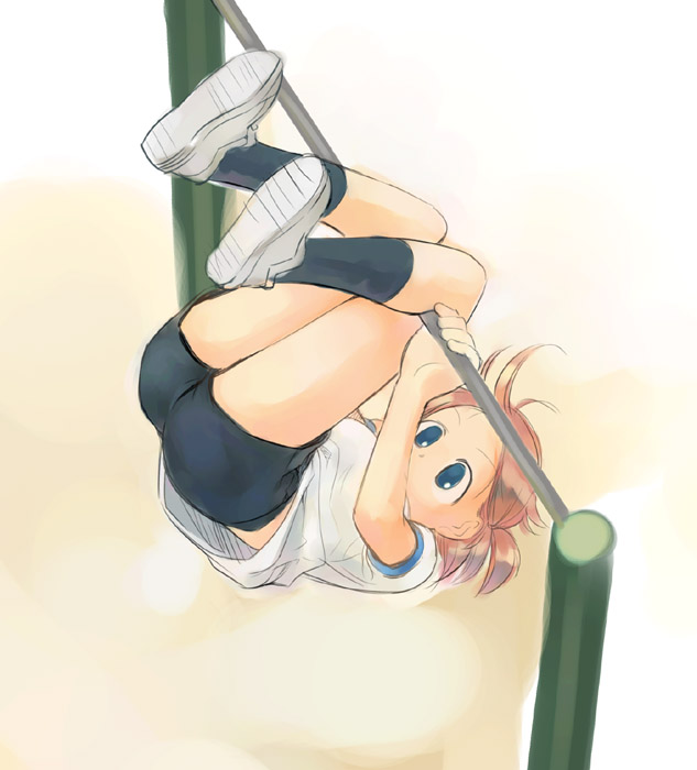 ikeda jun (mizutamari), original, 1girl, black socks, blue eyes, blush, buruma, female focus, gym uniform, horizontal bar, kneehighs, orange hair, shirt, shoes, short hair, sneakers, socks, solo, sportswear, top-down bottom-up, white shirt