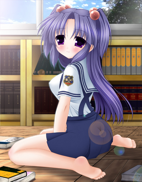 rodori gesu, ichinose kotomi, clannad, 00s, 1girl, barefoot, blue skirt, book, bookshelf, breasts, closed mouth, covered erect nipples, day, emblem, feet, female focus, full body, hair bobbles, hair ornament, indoors, lens flare, long hair, looking at viewer, medium breasts, on floor, parted bangs, purple eyes, purple hair, school uniform, serafuku, shirt, short sleeves, sitting, skirt, smile, soles, solo, tareme, toes, tree, two side up, wariza, white shirt, window, wooden floor