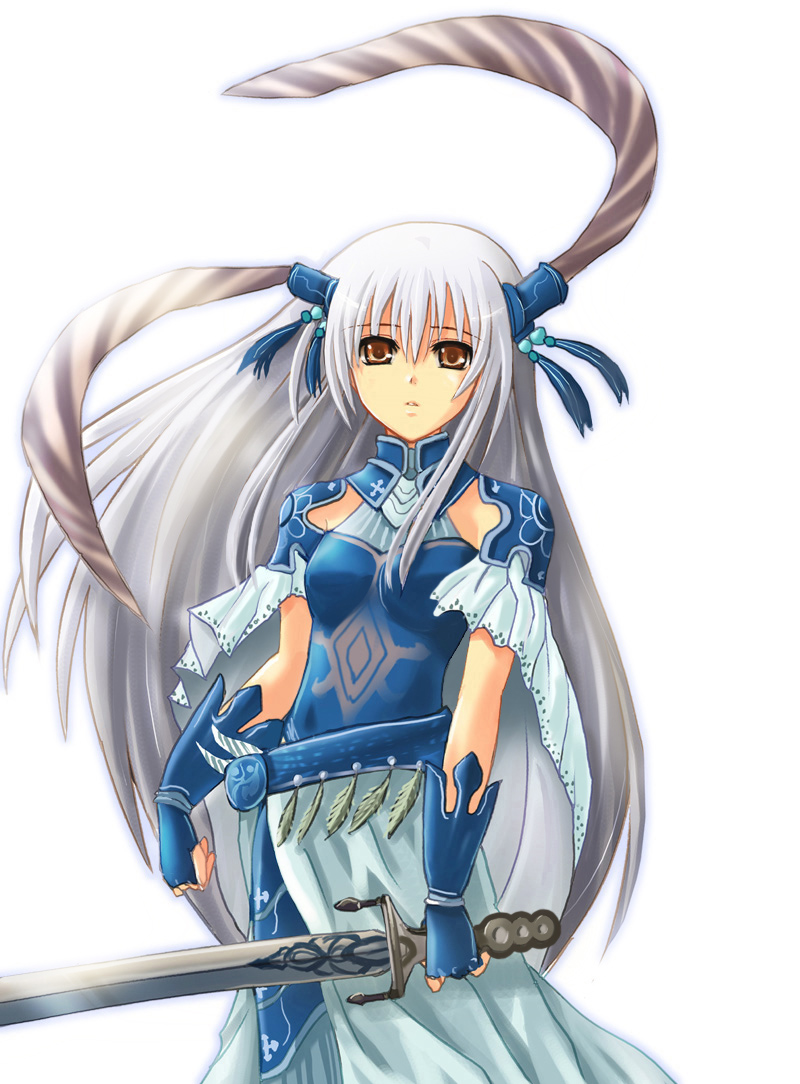 haura akitoshi, tagme, armor, brown eyes, grey hair, solo, sword, weapon
