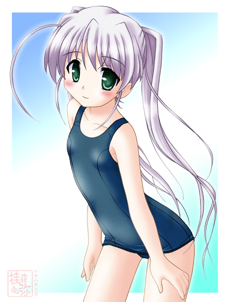 neopure, tougi shiro, fortune arterial, 1girl, ahoge, blush, female focus, flat chest, gradient background, green eyes, long hair, one-piece swimsuit, school swimsuit, smile, solo, swimsuit, twintails, white hair