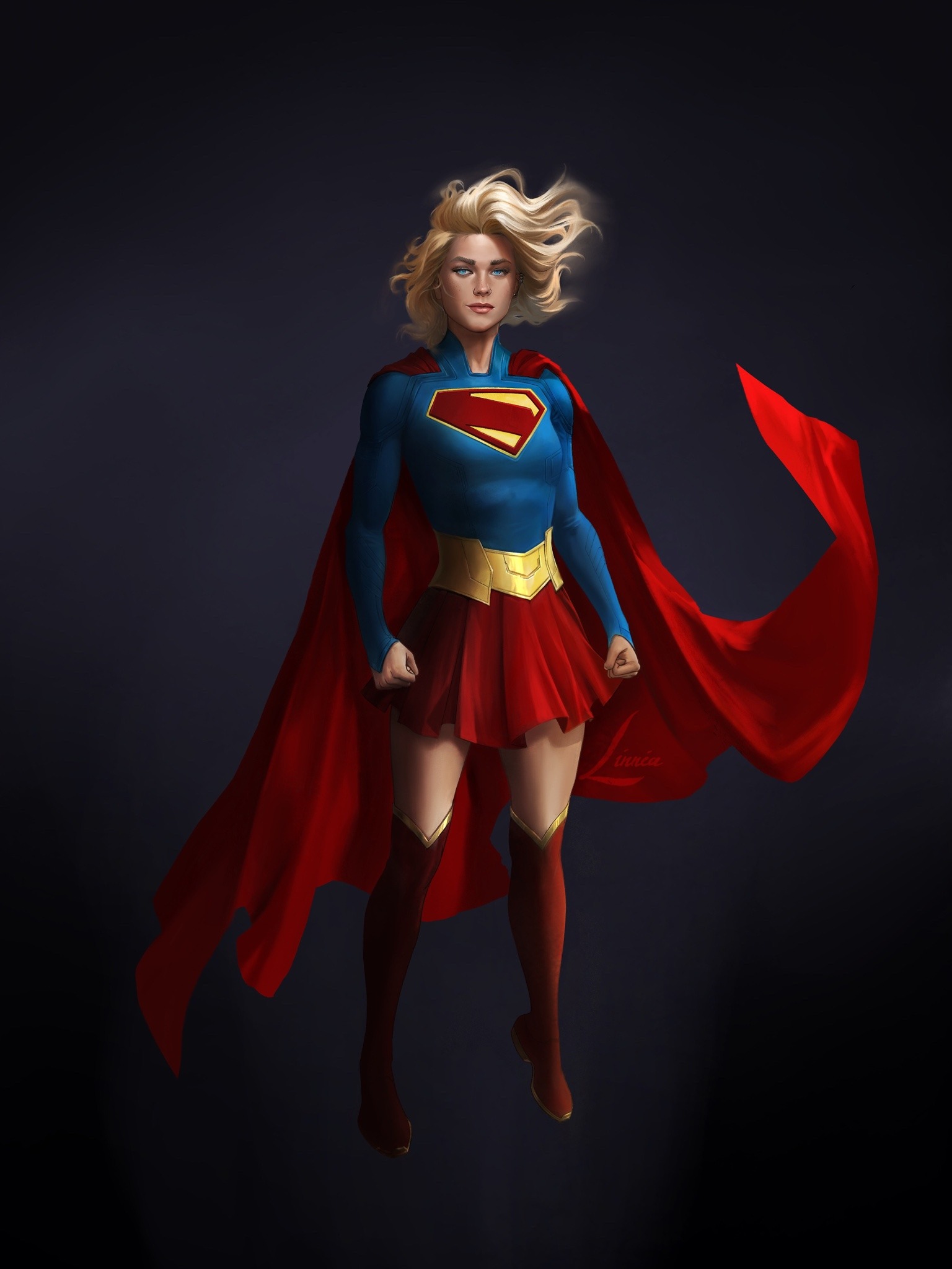 papurrcat, supergirl, dc comics, superman (series), highres, 1girl, blonde hair, blue eyes, blue shirt, boots, cape, clenched hands, full body, looking at viewer, red boots, red cape, red skirt, shirt, skirt, solo