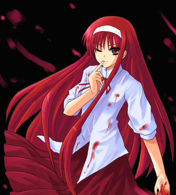 haura akitoshi, tohno akiha, vermillion akiha, touhou, tsukihime, 00s, 1girl, blood, female focus, hairband, long hair, one eye closed, red eyes, red hair, solo, standing, wink