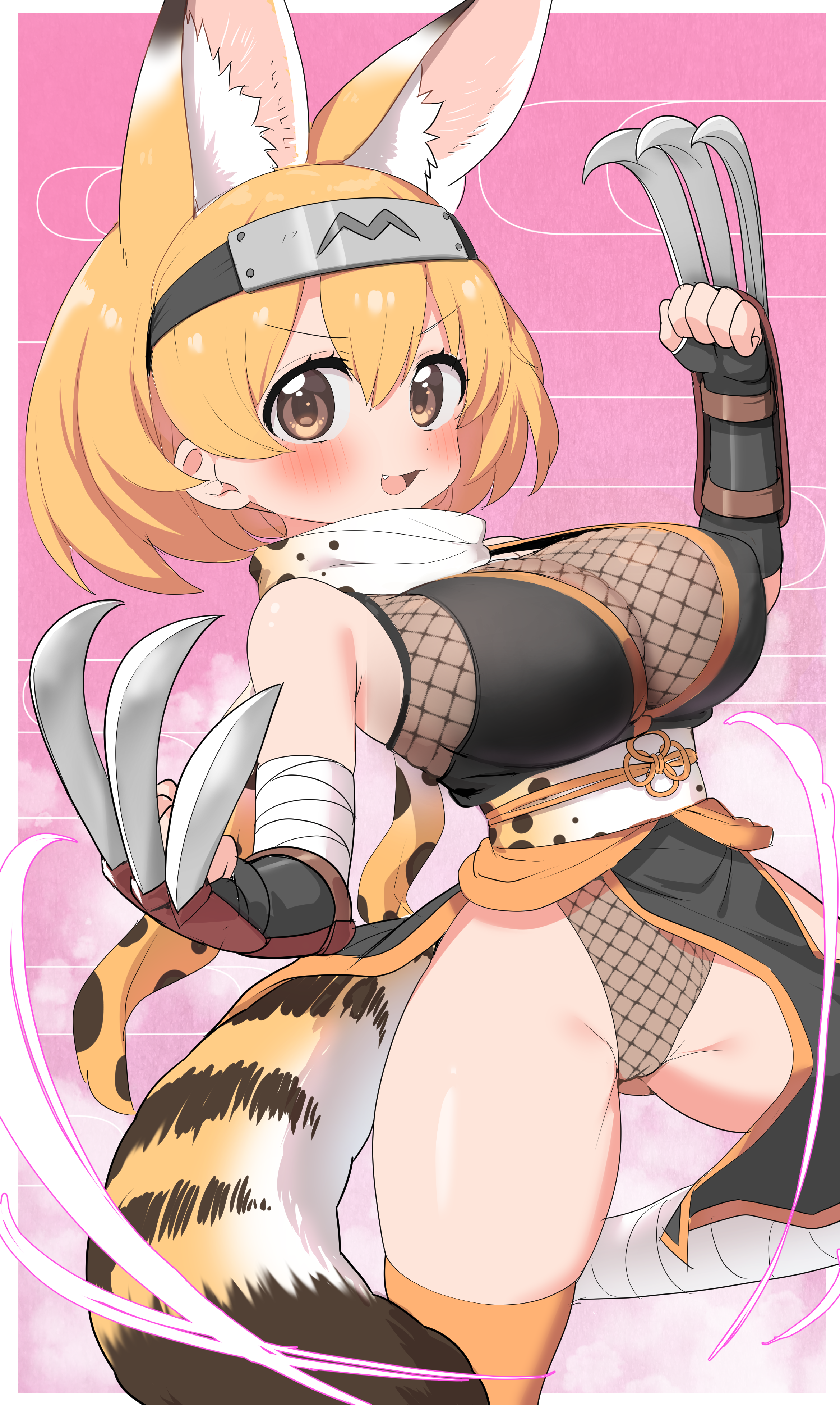 ransusan, serval (kemono friends), kemono friends, absurdres, commentary, highres, 1girl, :d, animal ear fluff, animal ears, arm guards, black gloves, blonde hair, blush, breasts, brown eyes, claw (weapon), elbow gloves, extra ears, fang, fingerless gloves, fishnet leotard, fishnets, forehead protector, gloves, gradient background, groin tendon, highleg, highleg leotard, large breasts, leotard, looking at viewer, ninja, open mouth, orange thighhighs, pelvic curtain, pink background, scarf, short hair, simple background, sleeveless, smile, solo, tail, thighhighs, weapon