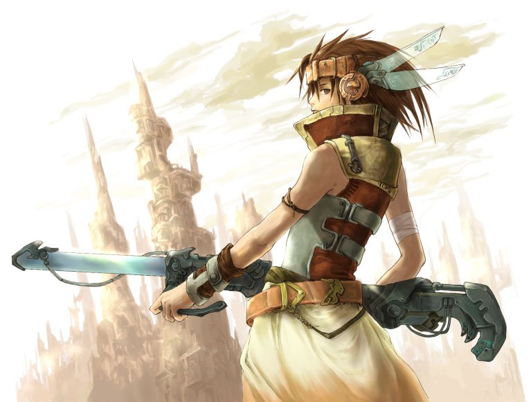 raibura, original, gender request, opencanvas (medium), androgynous, bandages, bare shoulders, belt, brown eyes, brown hair, gun, headband, rifle, short hair, skirt, solo, weapon