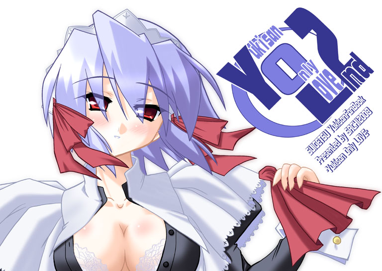 saano chia, kotonomiya yuki, suigetsu, 1girl, blush, breasts, cleavage, female focus, head tilt, large breasts, looking at viewer, purple hair, red eyes, simple background, solo, upper body, white background