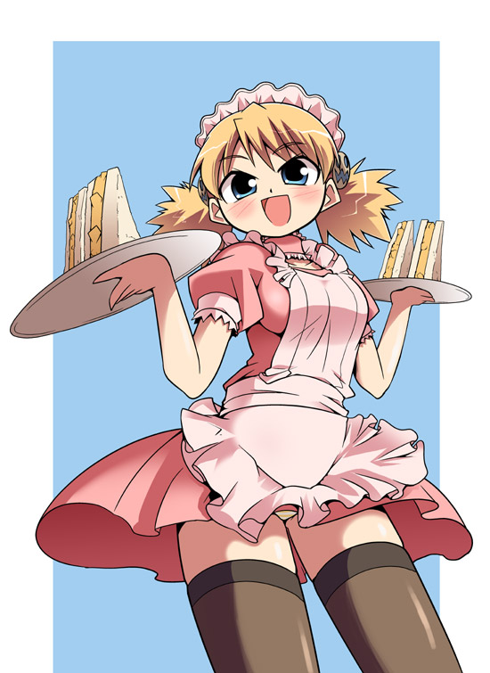 serebi ryousangata, sforce, sasamori karin, to heart (series), to heart 2, 00s, 1girl, black thighhighs, cowboy shot, female focus, food, from below, panties, sandwich, solo, standing, thighhighs, underwear, waitress, zettai ryouiki