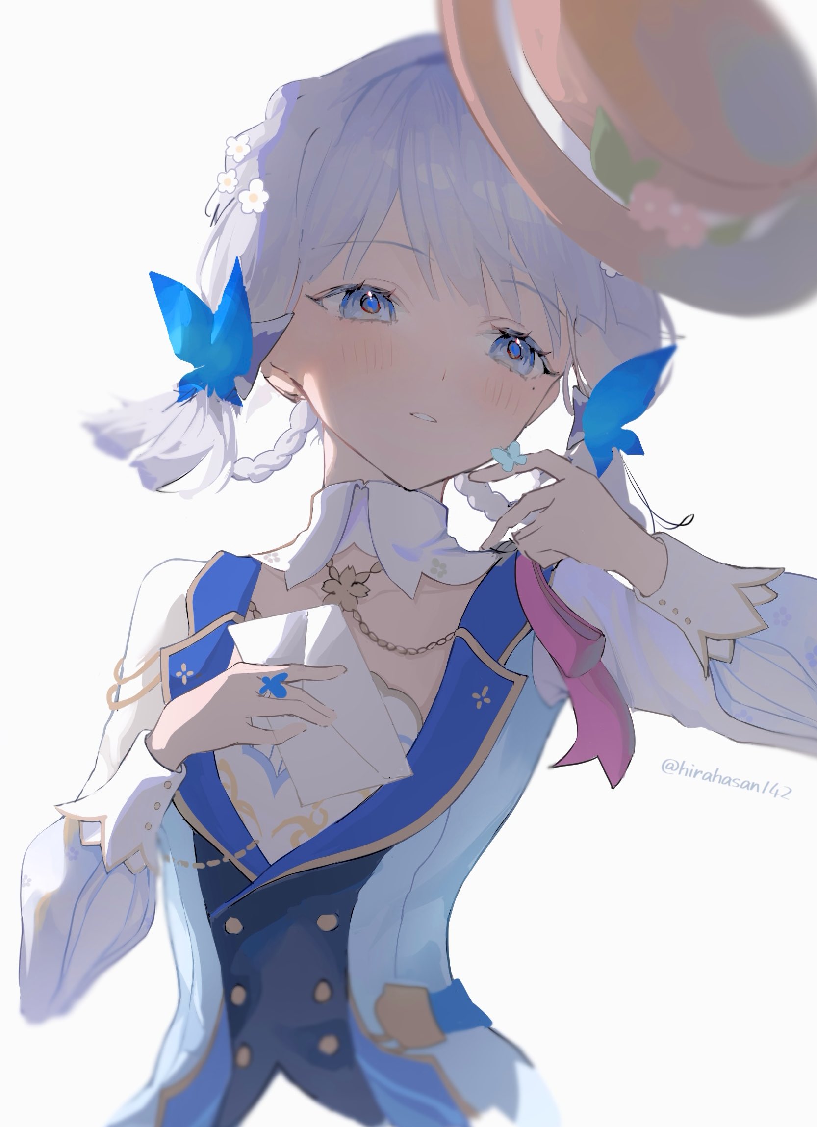 ayaka (genshin impact), kamisato ayaka, kamisato ayaka (springbloom missive), genshin impact, highres, 1girl, blue butterfly, blue dress, blue eyes, blue hair, blunt tresses, braid, braided hair rings, brown hat, bug, butterfly, butterfly hair ornament, butterfly ring, collar, dress, flower, hair ornament, hair rings, hair up, hat, hat flower, hirahasan142, holding, holding letter, insect, letter, long sleeves, multicolored dress, neck tassel, official alternate costume, official alternate hairstyle, puffy long sleeves, puffy sleeves, solo, tassel, white collar