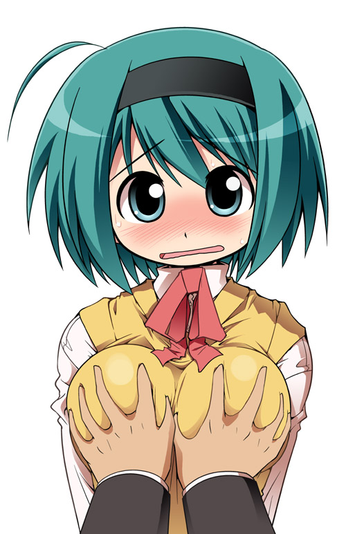 serebi ryousangata, yoshioka chie, to heart (series), to heart 2, 00s, 1girl, blush, breasts, embarrassed, grabbing another's breast, green eyes, green hair, groping, hairband, school uniform, serafuku, short hair, solo focus, sweater vest, vest