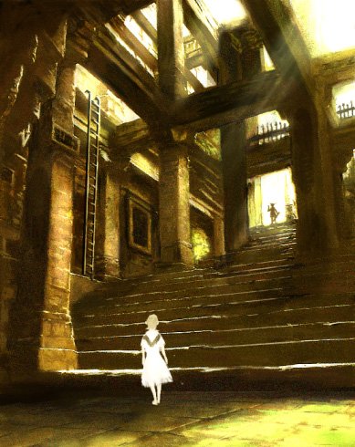 raibura, ico (character), yorda, ico, lowres, opencanvas (medium), 1boy, 1girl, arch, architecture, barefoot, blonde hair, dress, full body, ladder, light rays, looking at viewer, natural lighting, pillar, ruins, scenery, short hair, stairs, standing, sunlight, toes, very wide shot, white dress