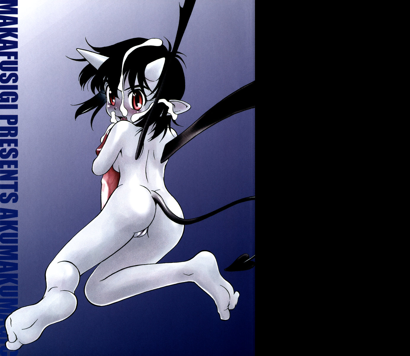 makafushigi, highres, 1futa, ass, blue skin, colored skin, cum, cum on body, demon girl, facial, futanari, horns, mini person, minigirl, pointy ears, pussy, red eyes, solo, tail, uncensored, wings