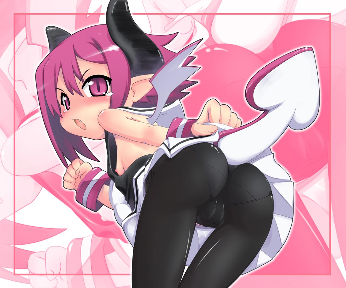 hase yu, raspberyl, disgaea, makai senki disgaea 3, 1girl, ass, bent over, black pantyhose, breasts, cameltoe, fang, female focus, from behind, horns, looking back, nipple slip, nipples, panties, panties under pantyhose, pantyhose, pink eyes, pink hair, pointy ears, short hair, sideboob, small breasts, solo, tail, thigh gap, thighs, underwear, wings