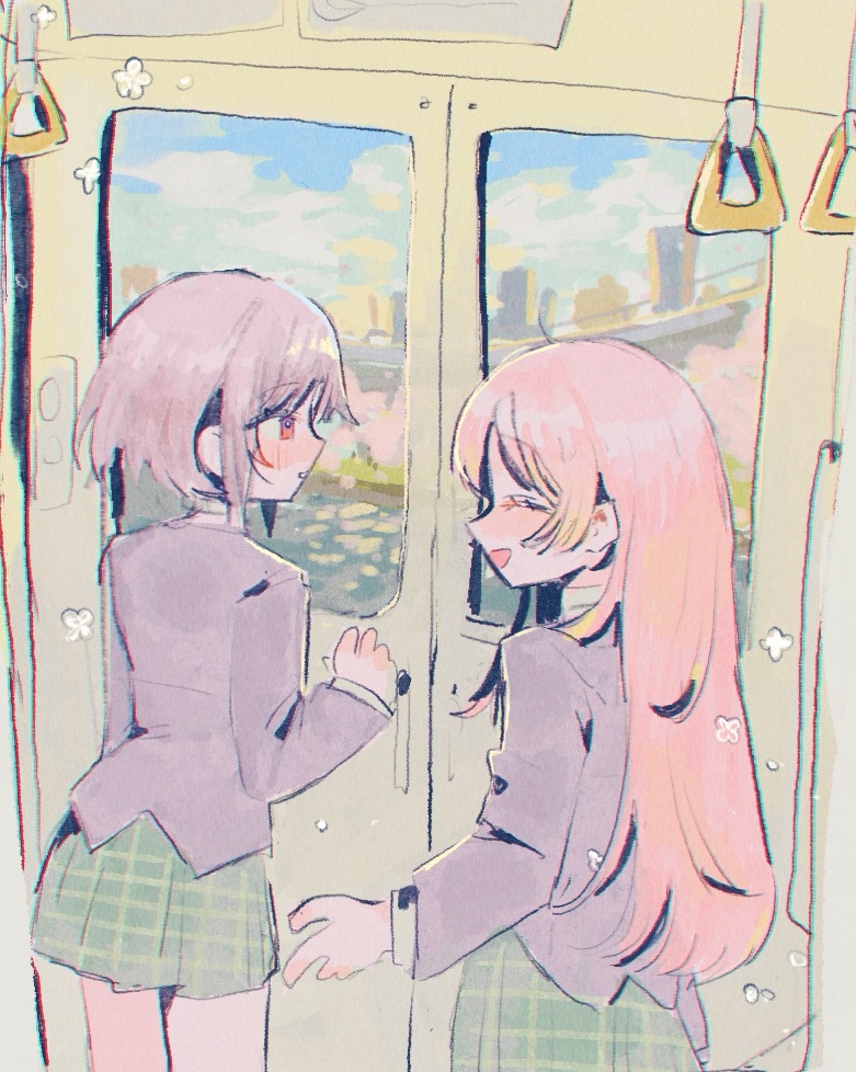 moosu, chihaya anon, takamatsu tomori, bang dream!, bang dream! it's mygo!!!!!, 2girls, :d, ^ ^, blazer, blush, cityscape, clenched hands, closed eyes, collared shirt, diagonal-striped clothes, green skirt, grey hair, grey jacket, hand grip, haneoka school uniform, jacket, long hair, long sleeves, looking ahead, looking at another, multiple girls, open mouth, parted lips, petals, pink hair, pleated skirt, river, sailor collar, school uniform, shirt, skirt, smile, striped clothes, striped skirt, train, train interior, white sailor collar