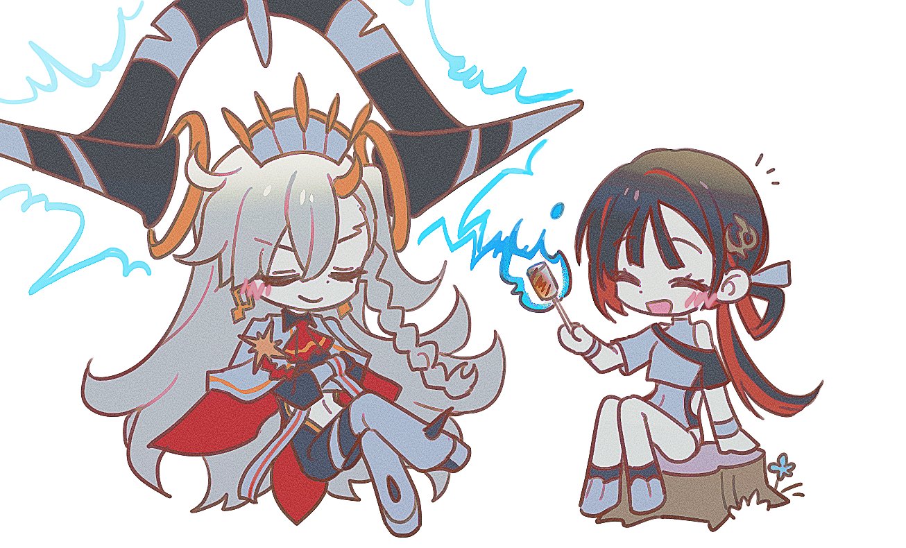 jeunesse crane (fate), miss crane (fate), olga marie animusphere, u-olga marie, u-olga marie (second ascension), fate/grand order, fate (series), 2girls, black hair, braid, cape, chaldea u-summer island, chibi, closed eyes, colored inner hair, crossed arms, crossed legs, detached horns, grey hair, jeunesse crane (first ascension) (fate), long hair, low ponytail, multicolored hair, multiple girls, myg 8028, on tree stump, one-piece swimsuit, ponytail, red hair, roasted marshmallow, side braid, smile, swimsuit, very long hair, white one-piece swimsuit