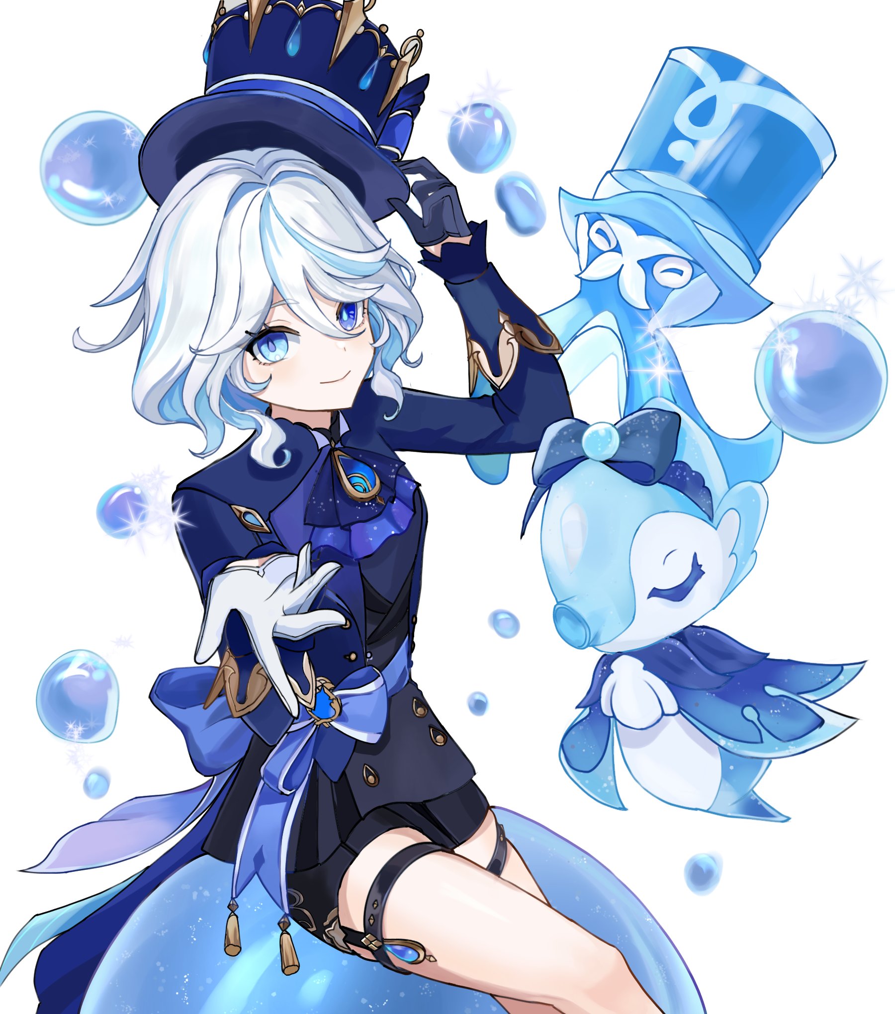 furina (genshin impact), gentilhomme usher, surintendante chevalmarin, genshin impact, highres, 1girl, ascot, asymmetrical gloves, black ascot, blue ascot, blue brooch, blue eyes, blue gemstone, blue hair, blue hat, blue jacket, cowlick, drop-shaped pupils, eyelash ornament, gem, gloves, hair between eyes, hat, heterochromia, jacket, jp4g6kfhb842057, long sleeves, mismatched gloves, mismatched pupils, multicolored hair, ouji fashion, reaching, reaching towards viewer, streaked hair, symbol-shaped pupils, top hat, white hair
