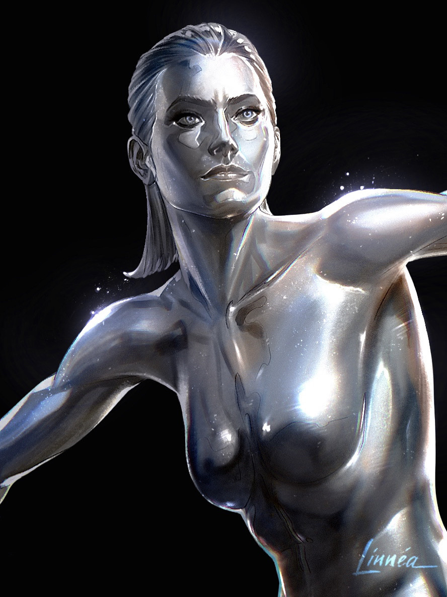 papurrcat, silver surfer, fantastic four, marvel, marvel cinematic universe, the fantastic four: first steps, 1girl, artist name, black background, breasts, medium hair, metal hair, metal skin, shalla-bal, simple background, small breasts, solo