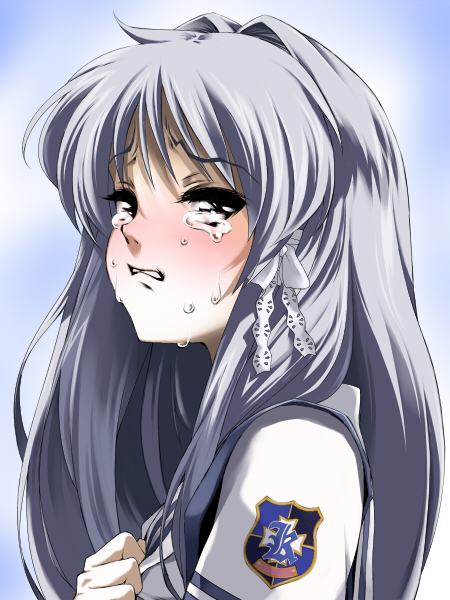 maskman, fujibayashi kyou, clannad, bad id, bad pixiv id, 00s, 1girl, blush, crying, crying with eyes open, female focus, long hair, school uniform, serafuku, solo, tears