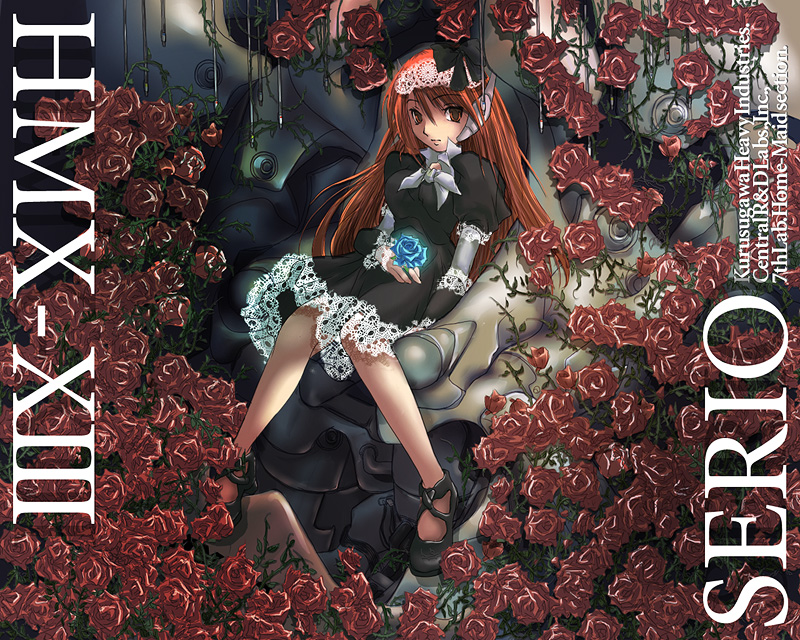 hayase yuuichirou, serio (to heart), to heart, to heart (series), 1girl, android, black dress, blue flower, blue rose, bow, character name, dress, female focus, flower, glowing, gothic lolita, hair between eyes, hair bow, hairband, high collar, high heels, holding, lace, lace-trimmed dress, lace trim, lolita fashion, lolita hairband, long hair, looking at viewer, orange hair, plant, red eyes, red flower, red rose, robot ears, rose, shoes, short dress, sitting, solo, throne, very long hair, vines