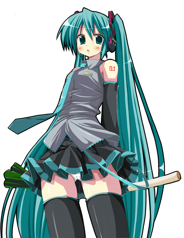 kiriya haruhito, hatsune miku, kiriya, vocaloid, 1girl, aqua hair, female focus, long hair, panties, pantyshot, simple background, solo, spring onion, thighhighs, twintails, underwear, very long hair, white background