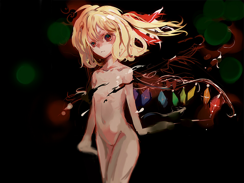 nokishita, flandre scarlet, touhou, 1girl, blonde hair, completely nude, female focus, flat chest, groin, hair between eyes, loli, nude, solo, wings
