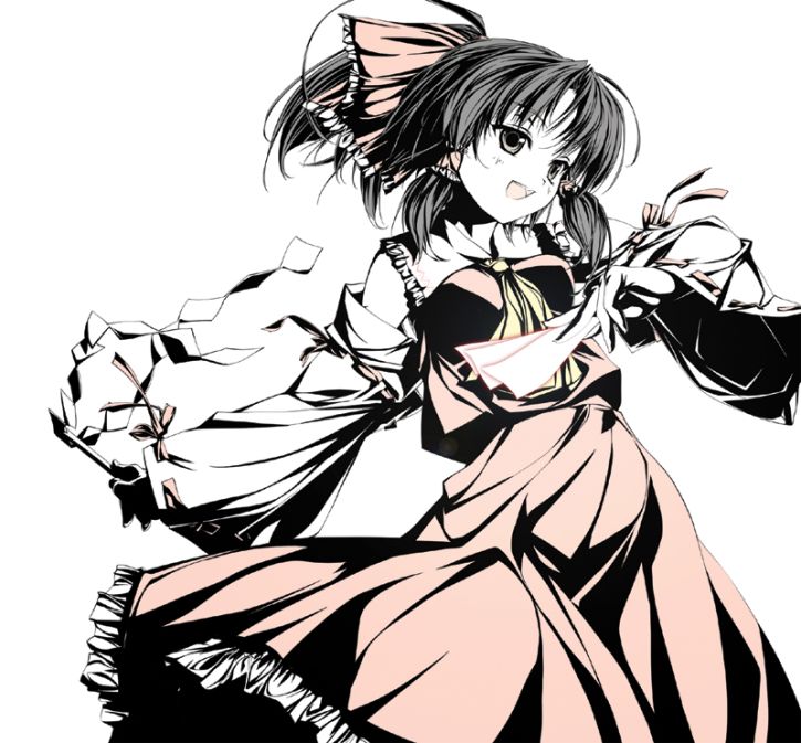 rokuwata tomoe, hakurei reimu, touhou, jpeg artifacts, 1girl, black hair, detached sleeves, female focus, gohei, hair tubes, high contrast, japanese clothes, miko, ofuda, skirt, smile, solo