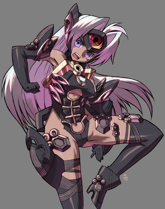 yukimura tsubame, t-elos, super robot wars, super robot wars og saga mugen no frontier, xenosaga, xenosaga episode iii, 00s, 1girl, android, angry, boots, breasts, cleavage, cyborg, dark-skinned female, dark skin, elbow gloves, female focus, gloves, large breasts, long hair, open mouth, purple eyes, purple hair, solo, thigh strap, thighhighs, zettai ryouiki