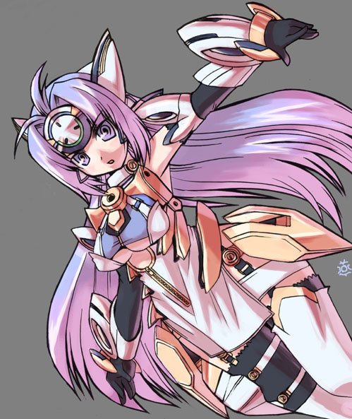 yukimura (pixiv1407859), yukimura tsubame, kos-mos, kos-mos ver. 4, xenosaga, xenosaga episode iii, >:o, 00s, 1girl, :o, android, antenna hair, arm guards, armor, armpits, bare shoulders, black gloves, breasts, closed eyes, clothing cutout, cowboy shot, faulds, female focus, garter straps, gloves, gradient hair, grey background, headgear, headpiece, long hair, looking at viewer, medium breasts, multicolored hair, open mouth, outstretched arms, pink hair, purple eyes, purple hair, simple background, solo, standing, thighhighs, underboob cutout, underwear, underwear only, v-shaped eyebrows, very long hair, white thighhighs, zipper